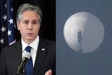 Composite image of US Secretary of State Antony Blinken and a Chinese balloon.