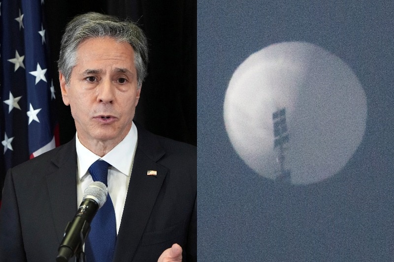 Composite image of US Secretary of State Antony Blinken and a Chinese balloon.