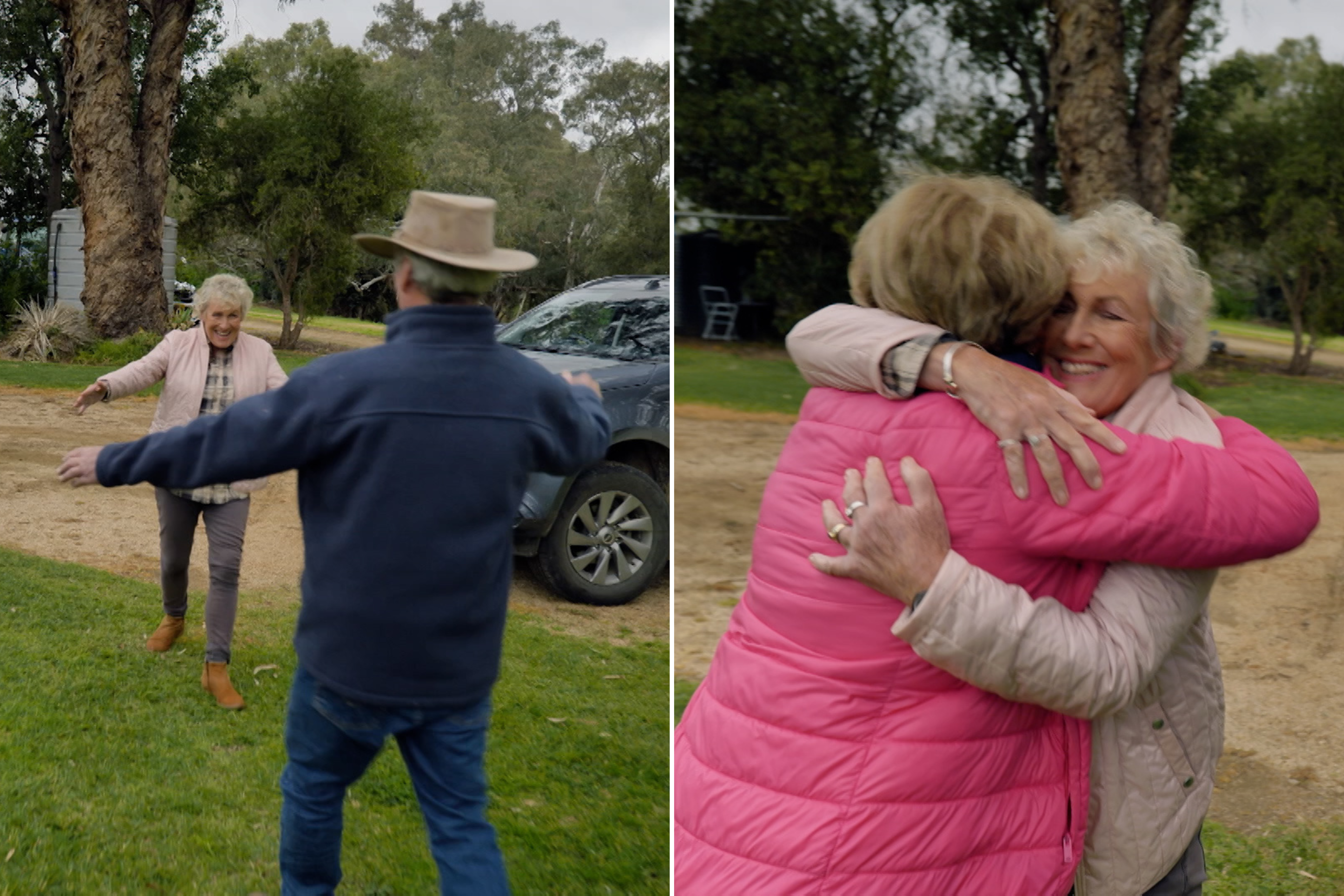 A composite image of Heather Ewart going to hug a man on the left, and hugging a woman on the rightwra locals