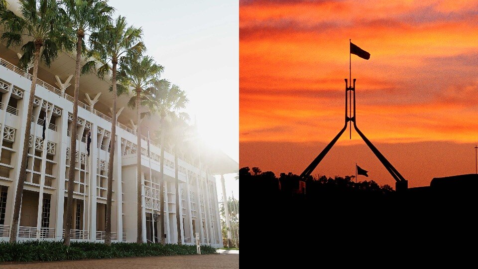 A composite of two images, with the Northern Territory Parliament House on the left and federal parliament on the right