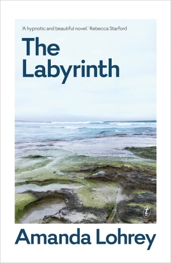 The book cover of The Labyrinth by Amanda Lohrey, an image of rockpools and an ocean