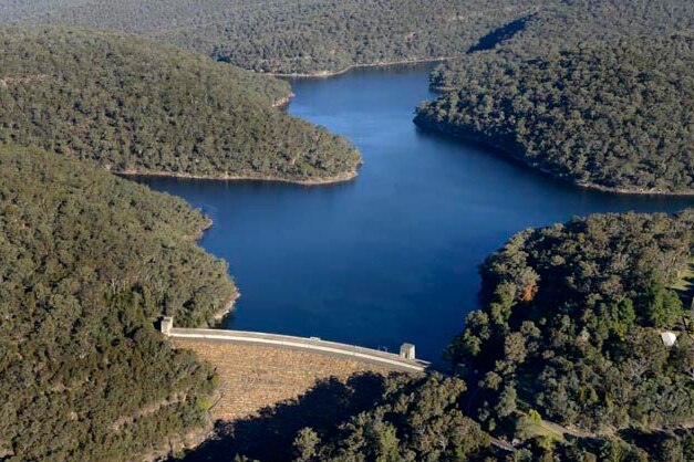An  aerial view of a large dam, with green foliage on both sides
