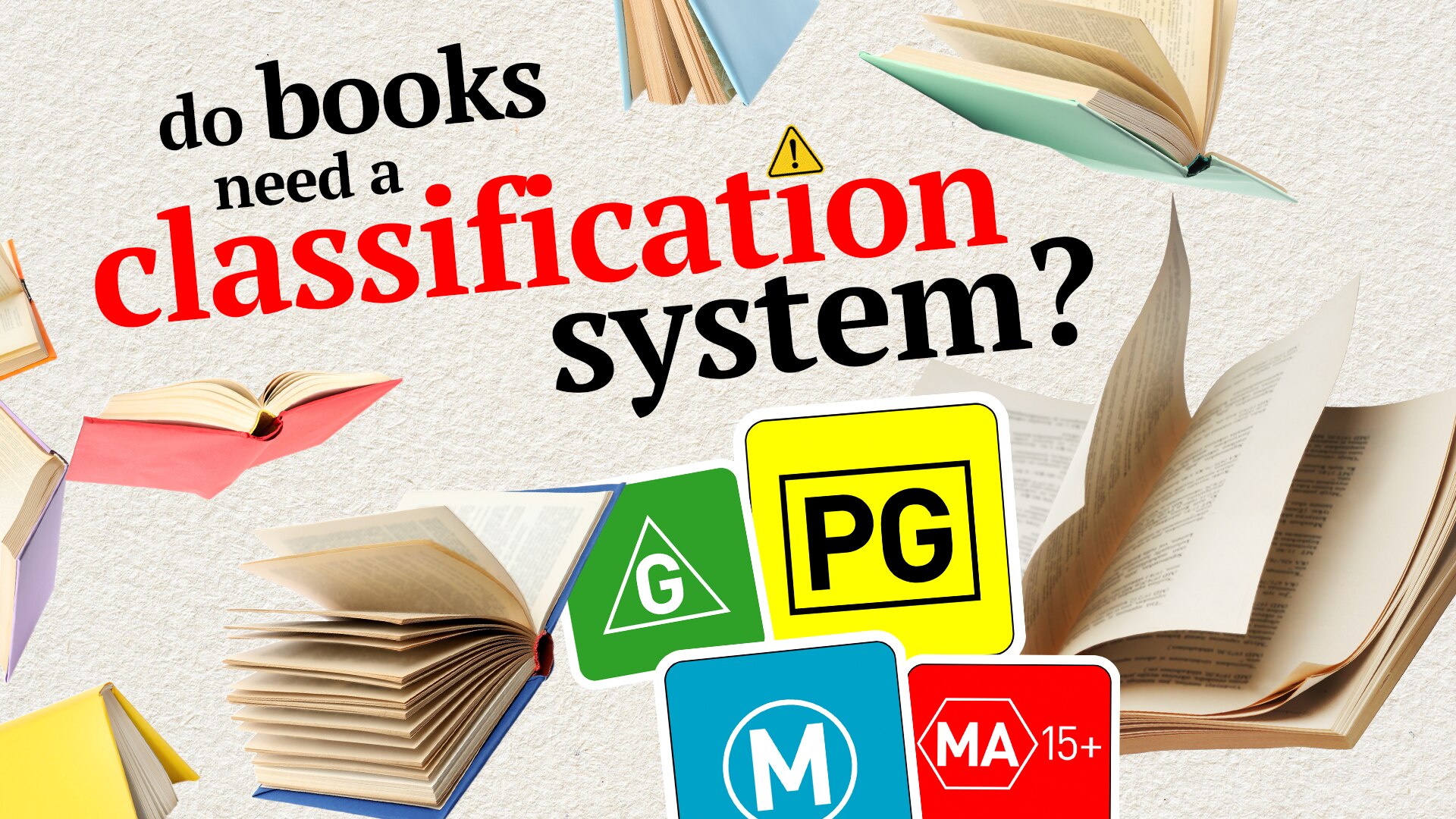 Illustration showing books and classification symbols like G, PG, M and MA15+