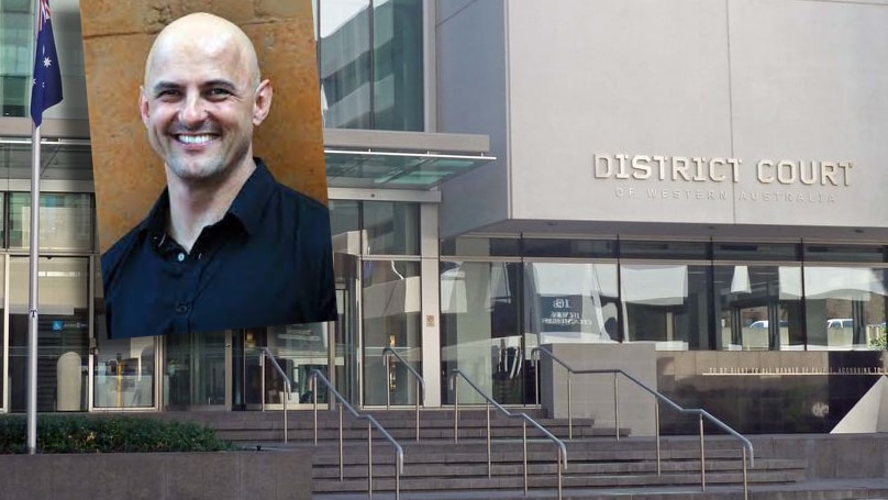 An inset photo showing a smiling, bald-headed man against a district court building.