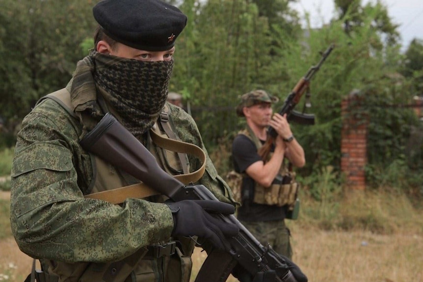 Foreign recruits training with the Novo Russian Foreign Legion outside Donetsk.