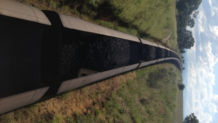 A train carrying coal  travels through a country landscape.