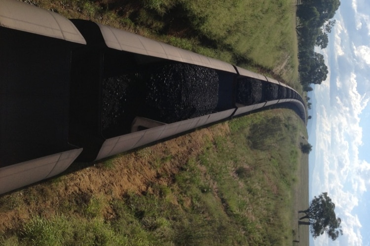 A train carrying coal  travels through a country landscape.