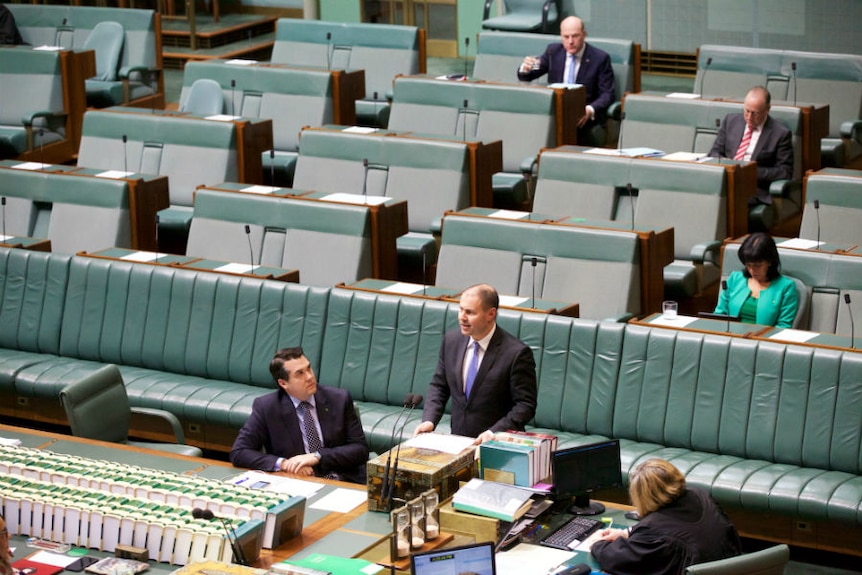 Minister for Environment and Energy Josh Frydenberg speaks in a near-empty parliament.