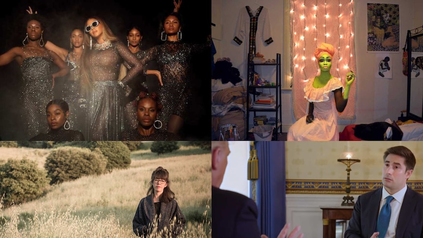 Beyonce in a still from Black is Kin, portrait of a woman painted green, Jenny Odell standing in grass, Jonathan Swan interviews