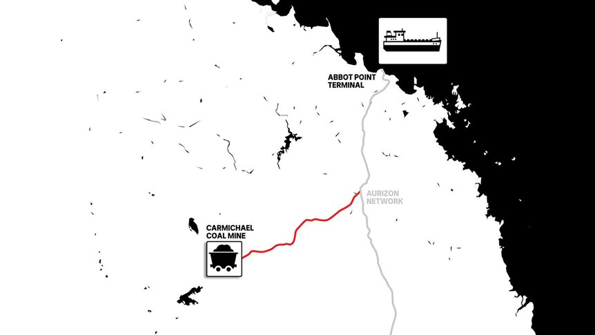 Graphic map showing location of Adani's proposed Carmichael Coal Mine rail line to Abbot Point terminal.
