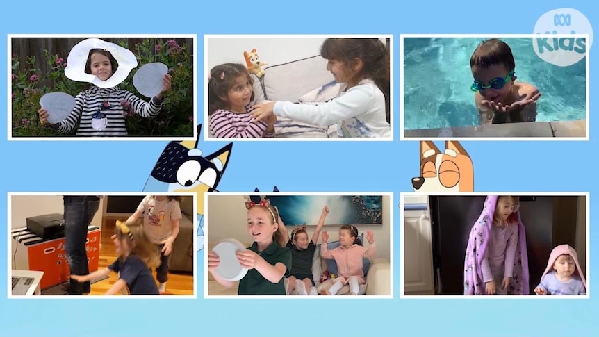 Composite of different images of families acting out a scene from Bluey