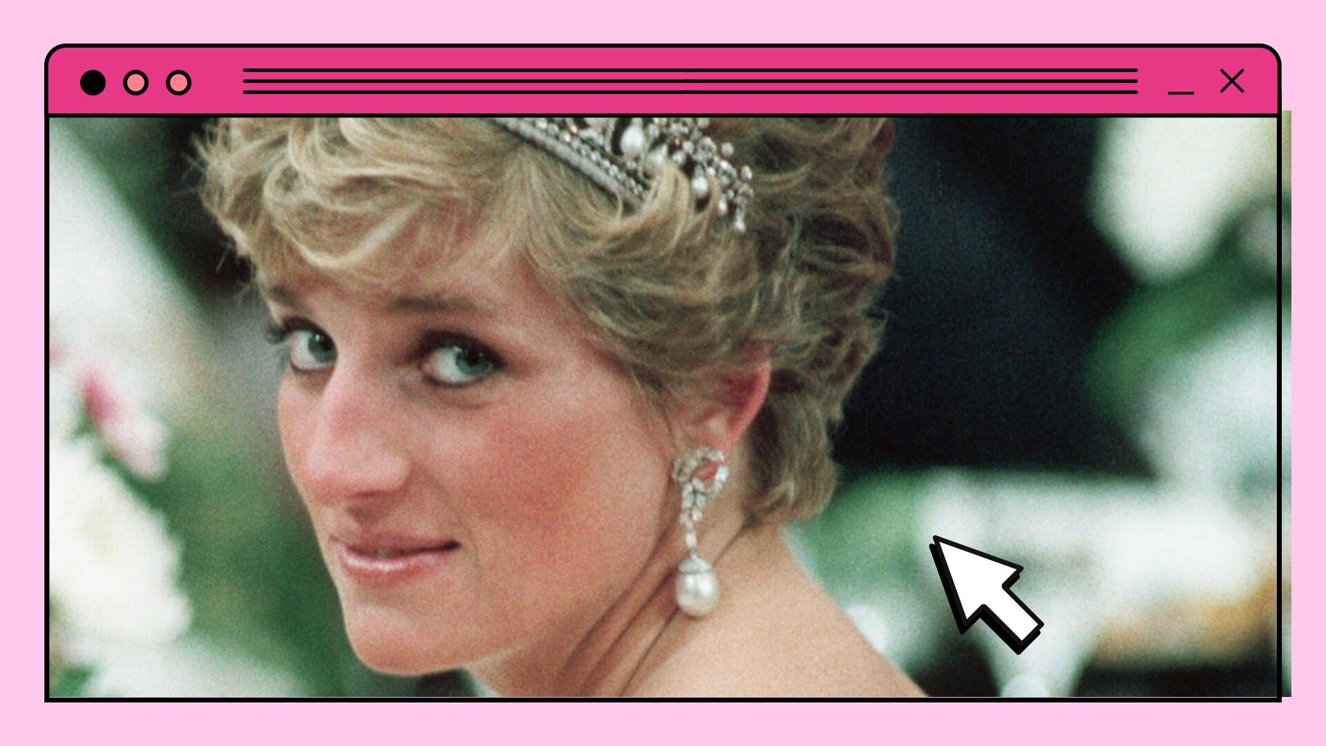 Princess Diana in a cartoon pink browser window.