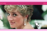 Princess Diana in a cartoon pink browser window.