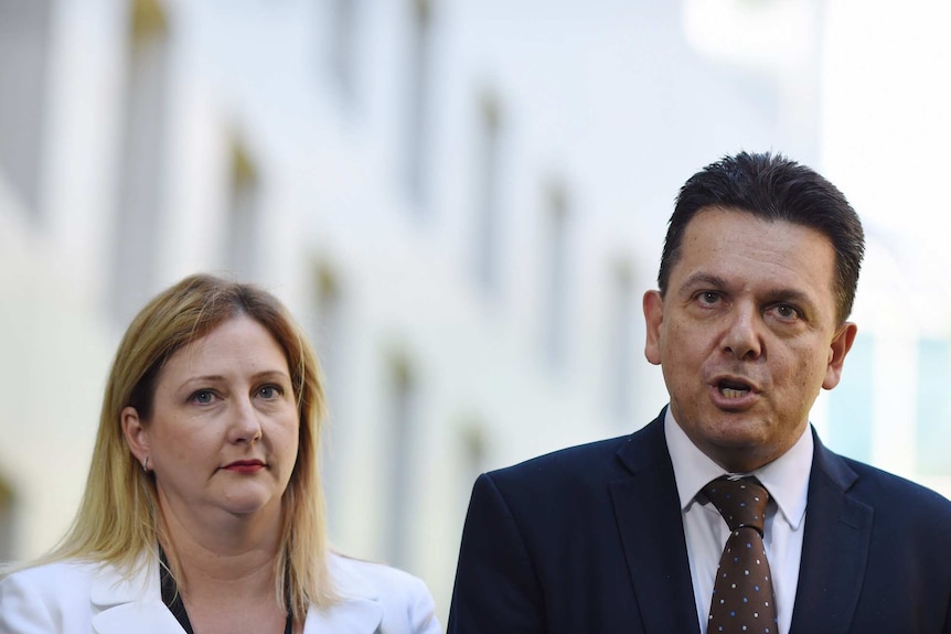 L to R: Rebekha Sharkie and Nick Xenophon at a press conference