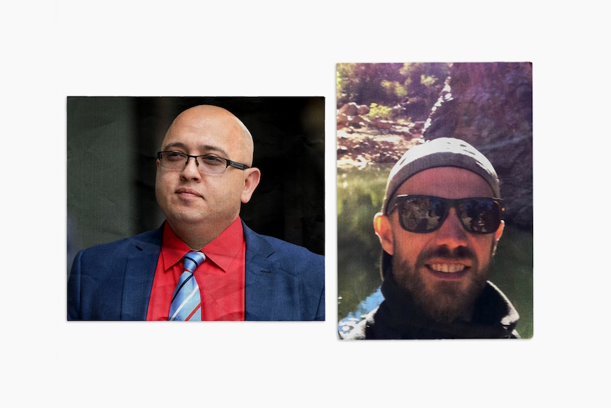 Two photographs of two men. One is wearing a suit and tie, the other is outdoors with sunglasses.