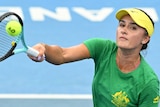 Australian tennis player Arina Rodionova hits a ball at training for the Billie Jean King Cup tie at Pat Rafter Arena.
