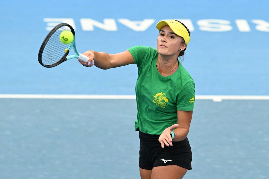 Australian tennis player Arina Rodionova hits a ball at training for the Billie Jean King Cup tie at Pat Rafter Arena.