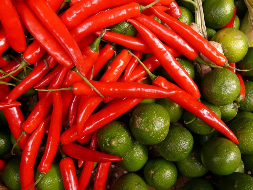 Red chillies and fresh green limes piled together.