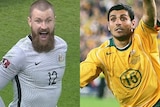 A composite image of Socceroos Andrew Redmayne in 2022 and John Aloisi in 2005.