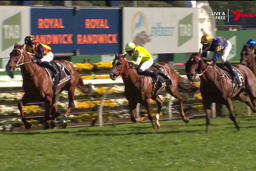 The finish of The Everest shows the winner go past the post ahead of two other rivals.