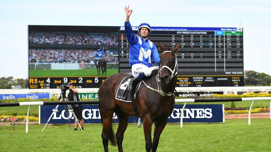 Hugh Bowman raises his arm in celebration atop Winx after winning the George Ryder Stakes
