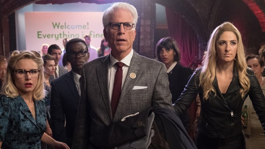Kristen Bell, William Jackson Harper, Ted Danson, Jameela Jamil and D'Arcy Carden from The Good Place.