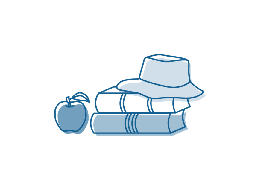 Icon drawing of two books with broad brimmed hat sitting on top, and apple on left side.