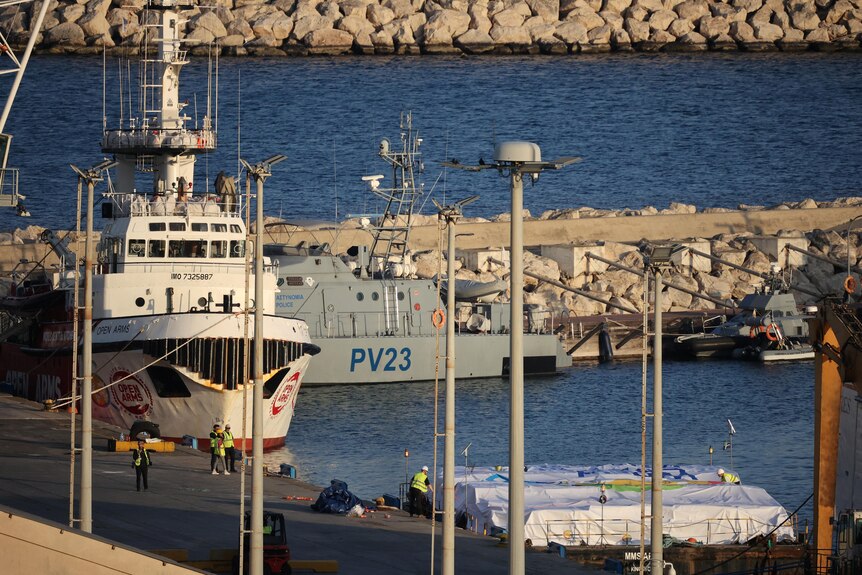 A boat is pictured docked at the port of Larnaca, Cyprus.