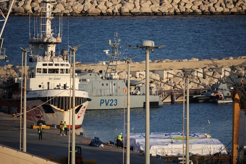 A boat is pictured docked at the port of Larnaca, Cyprus.