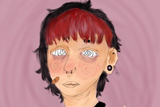 Cartoon-like drawing of young girl with spiral eyes and short black hair with red fringe.