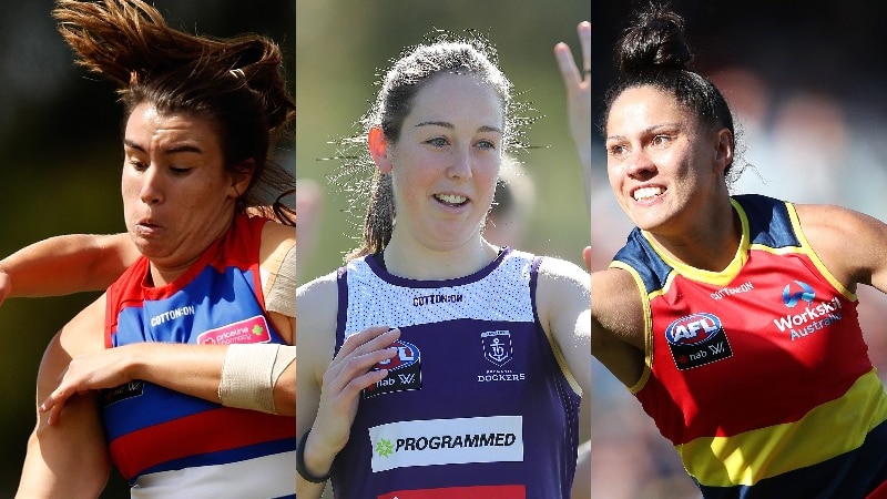 A photo combining images of three AFLW players, one being tackled, one at training and one reaching for a ball.