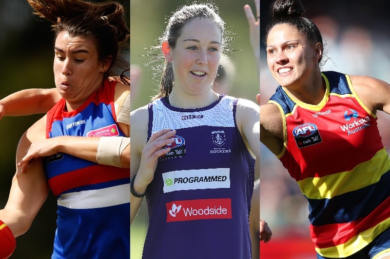 A photo combining images of three AFLW players, one being tackled, one at training and one reaching for a ball.