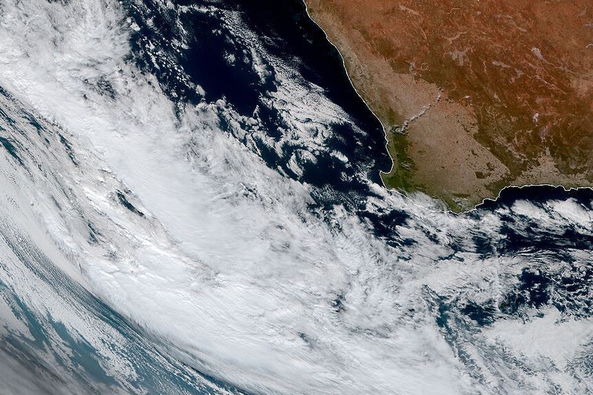 A satellite image of south-west WA showing an approaching storm system.