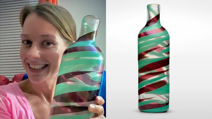 A composite of two images: One of a woman holding a coloured glass bottle/vase and smiling, the other of said vase on display