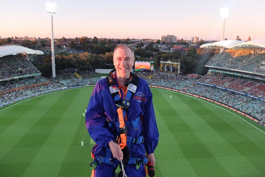 Gerard Whateley on the roof of the Adelaide Oval