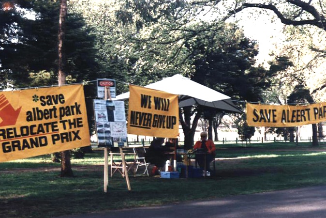 Melbourne Grand Prix protesters kept a 10-year vigil at Albert Park.