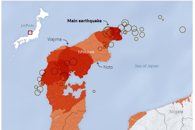 An illustrated map of a region in Japan showing earthquake aftershocks