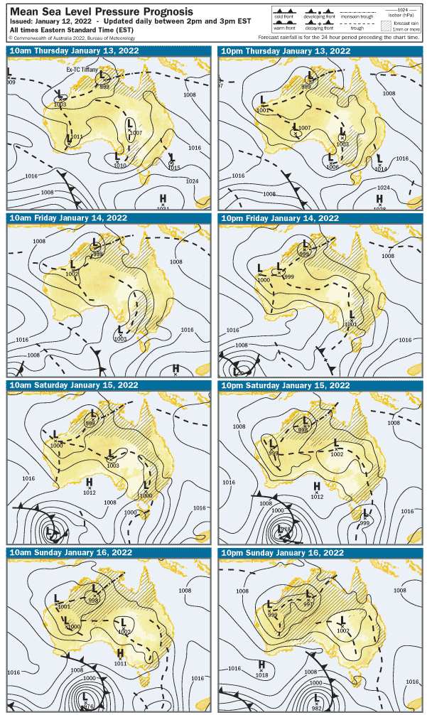 Synoptic charts Friday -Sunday showing a series of troughs snaking across the country