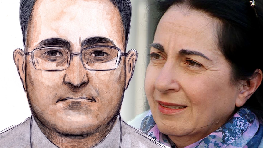 A composite of a court sketch of Bradley Edwards and a photo of Carmel Barbagallo.