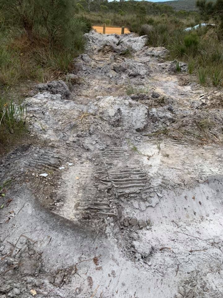 An ash-grey track in bushland marked with caterpillar tracks from a bulldozer.