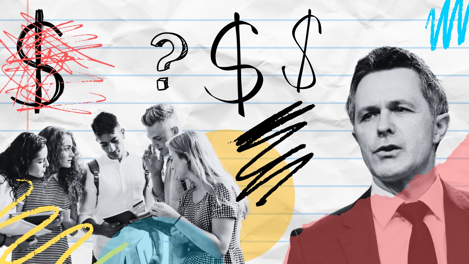 A graphic showing a group of school children and federal education minister Jason Clare