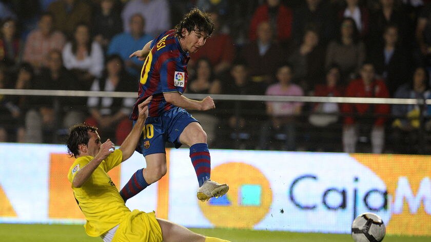 Who else? Lionel Messi nets twice against Villarreal.