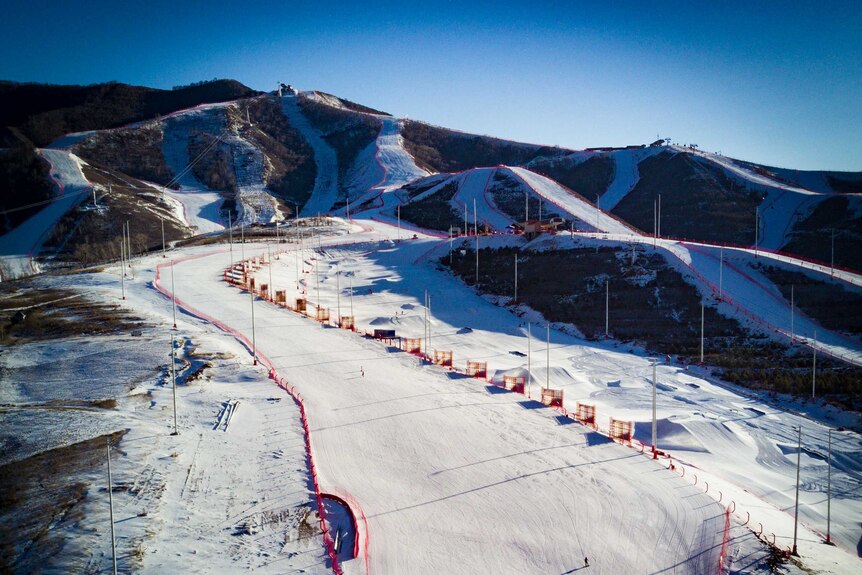 Empty ski slopes on mountains in China.