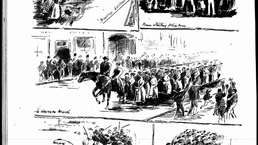 A cartoon depiction of a woman on a horse, leading a crowd of people.