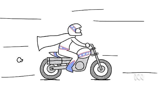 Cartoon man rides motorbike