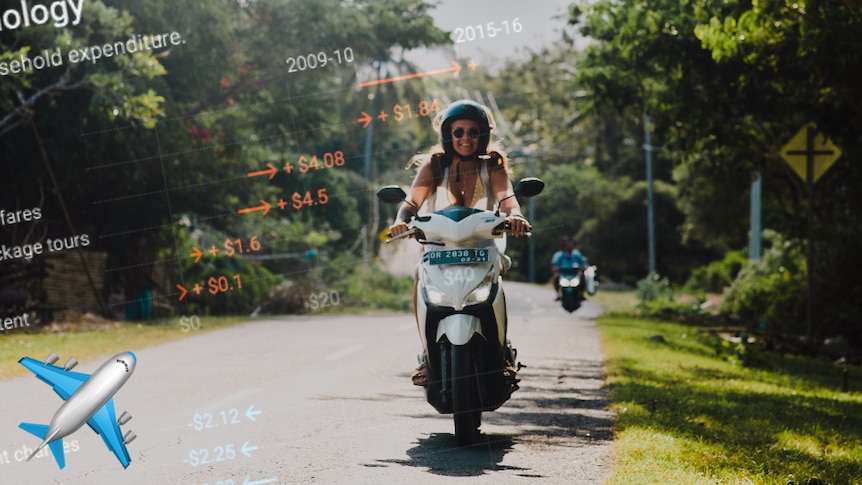 Photo of a woman riding a scooter on holiday with an overlay of a chart showing increasing spending on holidays