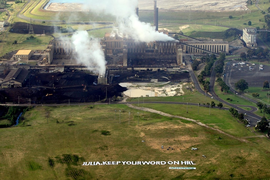 A Greenpeace banner lays at the site of a proposed HRL coal-fired power station south of Morwell.