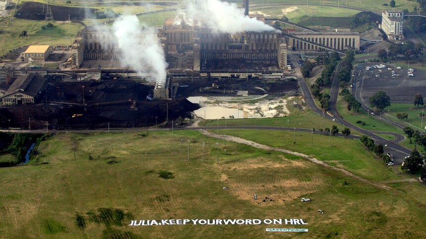 A Greenpeace banner lays at the site of a proposed HRL coal-fired power station south of Morwell.