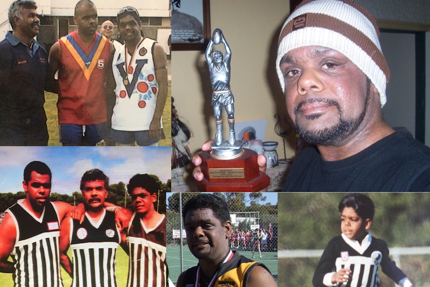 Collage of sports photographs of Indigenous man and his father and brother, trophy and as a young player.