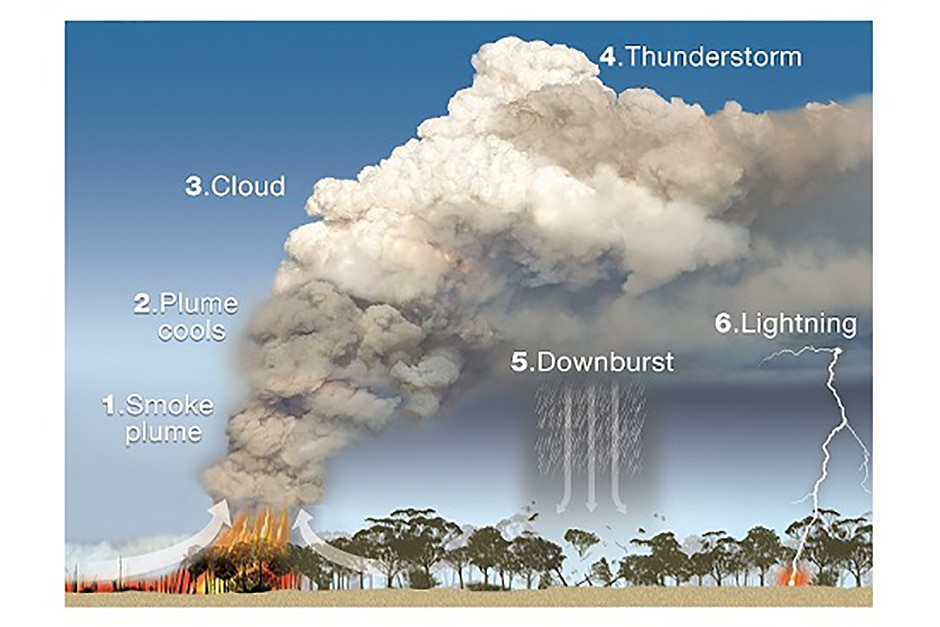 A diagram of a fire creating a big cloud that turns into a storm.